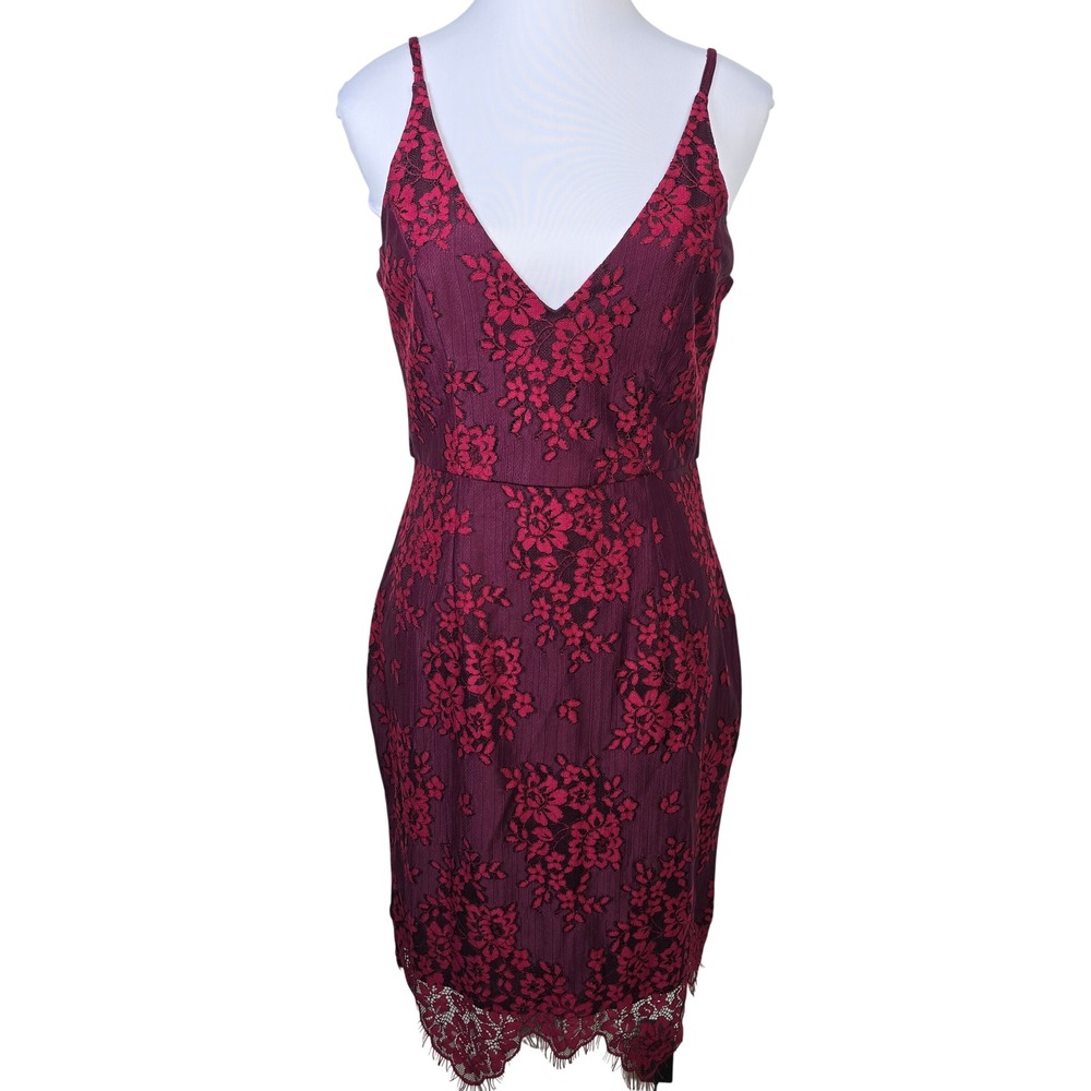 Minuet Burgundy Red Floral Lace V-Neck Bodycon Dress Eyelash Hem 9958 Medium NWT